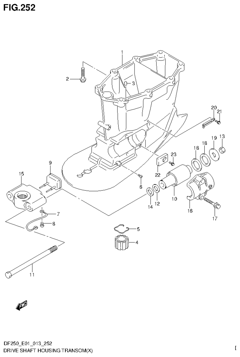Suzuki DF200T, DF200Z, DF225T, DF225Z, DF250T, DF250Z DRIVE SHAFT HOUSING TRANSOM(X) (DF200Z E40) parts diagram